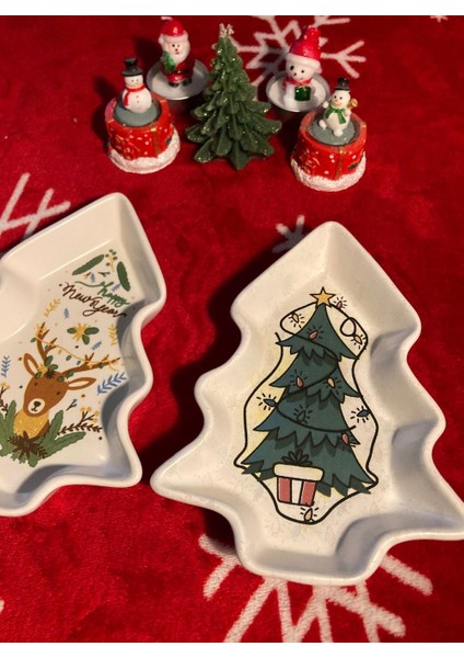 Yılbaşı Temalı 2'li Ağaç Tasarımlı Desenli Seramik Sunum Servis Tabağı 17X12 cm Geyikli ve Çam Ağaçlı indirimleri