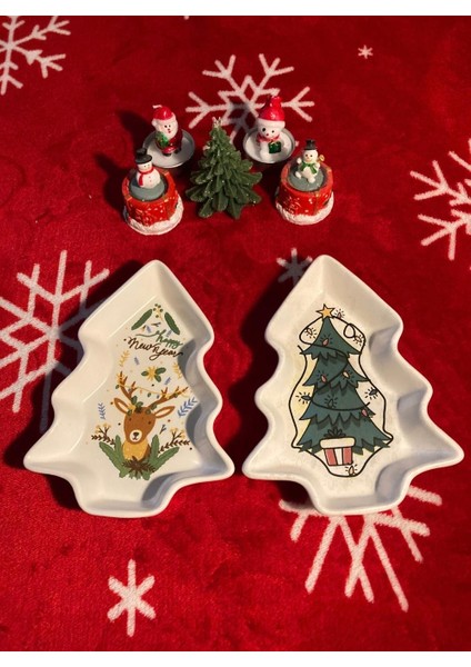Yılbaşı Temalı 2'li Ağaç Tasarımlı Desenli Seramik Sunum Servis Tabağı 17X12 cm Geyikli ve Çam Ağaçlı