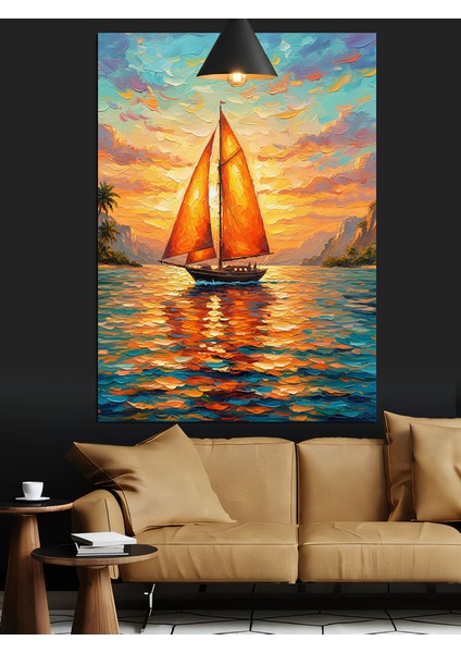 Gün Batımı Yelkenli Tekne Dekoratif Kanvas - Mdf Ahşap Tablo