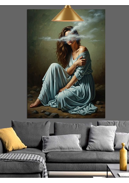 Mavi Elbiseli Oturan Kadın Dumanlı Dekoratif Kanvas - Mdf Ahşap Tablo