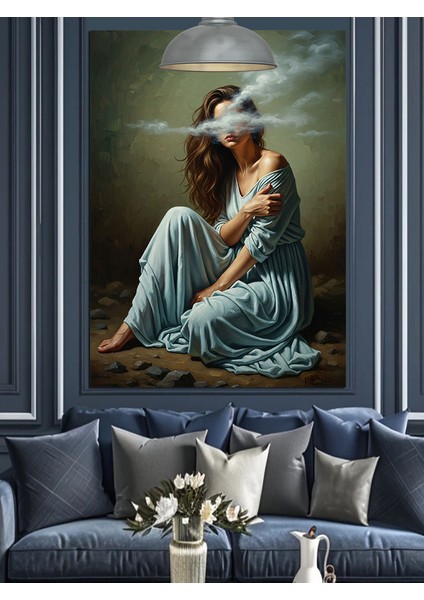 Mavi Elbiseli Oturan Kadın Dumanlı Dekoratif Kanvas - Mdf Ahşap Tablo fiyatları