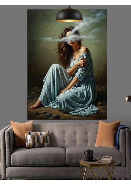 Mavi Elbiseli Oturan Kadın Dumanlı Dekoratif Kanvas - Mdf Ahşap Tablo modelleri