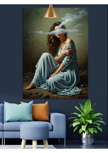 Mavi Elbiseli Oturan Kadın Dumanlı Dekoratif Kanvas - Mdf Ahşap Tablo fırsatları