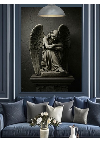 Siyah Beyaz Kanatlı Melek Heykeli Dekoratif Kanvas - Mdf Ahşap Tablo