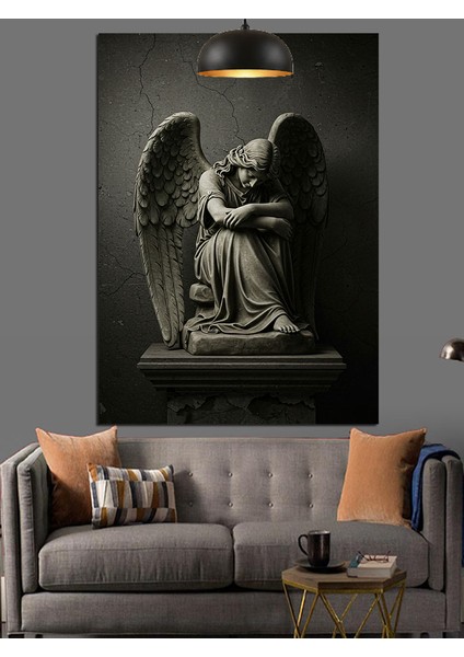 Siyah Beyaz Kanatlı Melek Heykeli Dekoratif Kanvas - Mdf Ahşap Tablo fiyatları
