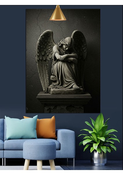 Siyah Beyaz Kanatlı Melek Heykeli Dekoratif Kanvas - Mdf Ahşap Tablo modelleri