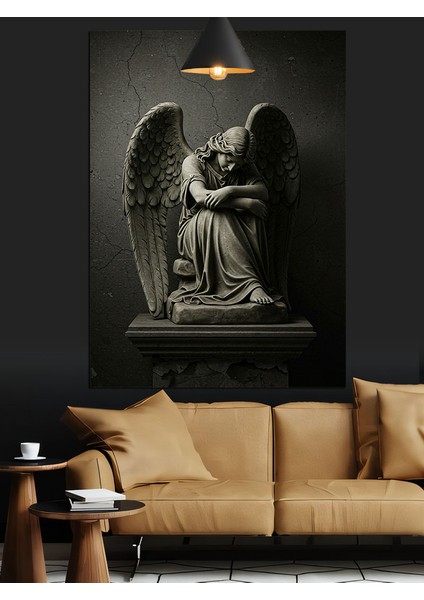 Siyah Beyaz Kanatlı Melek Heykeli Dekoratif Kanvas - Mdf Ahşap Tablo fırsatları