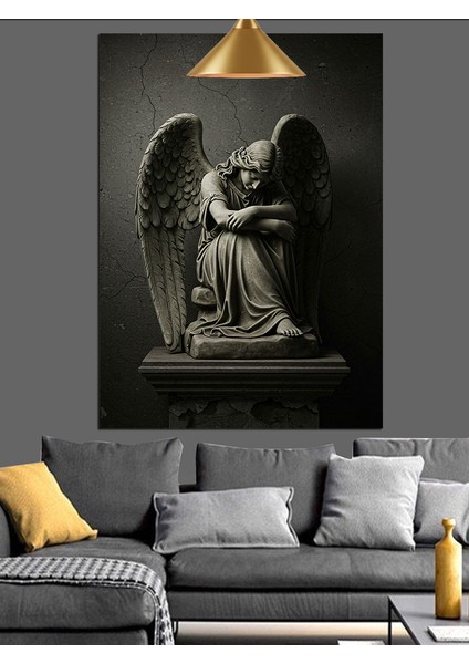 Siyah Beyaz Kanatlı Melek Heykeli Dekoratif Kanvas - Mdf Ahşap Tablo indirimleri