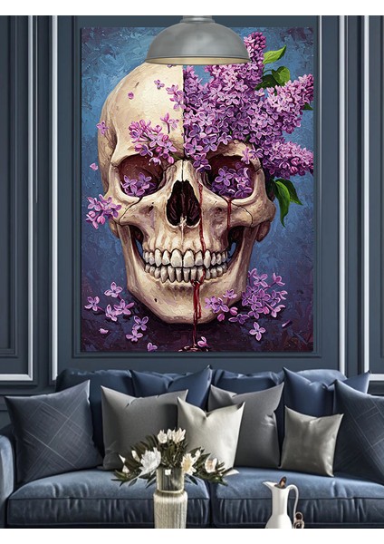 Kafatası Çiçek Mor Gizem Dekoratif Kanvas - Mdf Ahşap Tablo