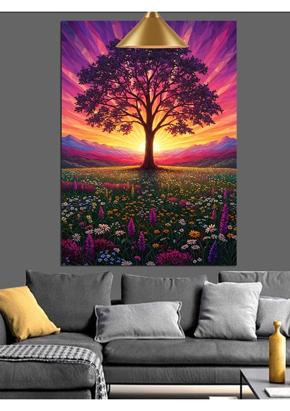 Mor Işıklı Ağaç Manzarası Dekoratif Kanvas - Mdf Ahşap Tablo