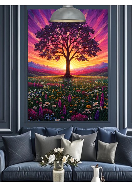 Mor Işıklı Ağaç Manzarası Dekoratif Kanvas - Mdf Ahşap Tablo fiyatları
