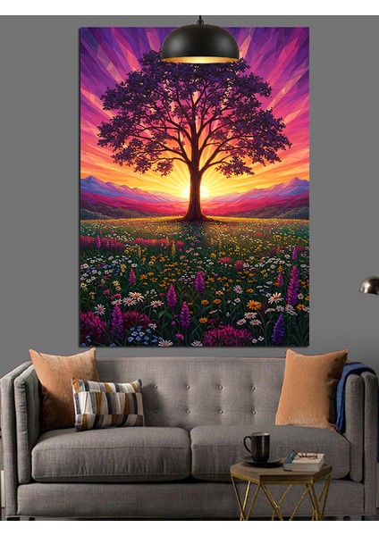 Mor Işıklı Ağaç Manzarası Dekoratif Kanvas - Mdf Ahşap Tablo modelleri