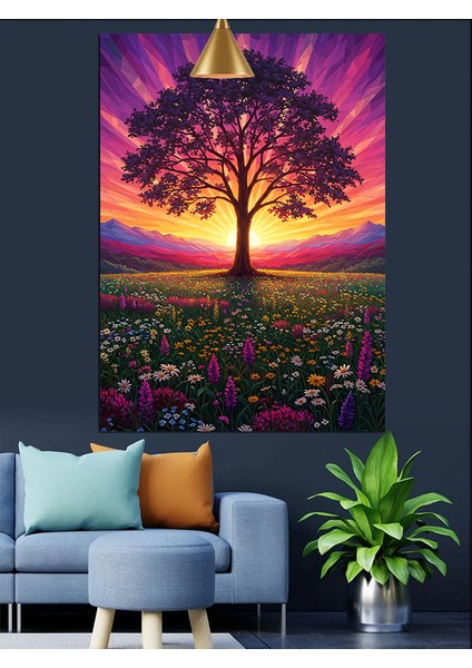Mor Işıklı Ağaç Manzarası Dekoratif Kanvas - Mdf Ahşap Tablo fırsatları