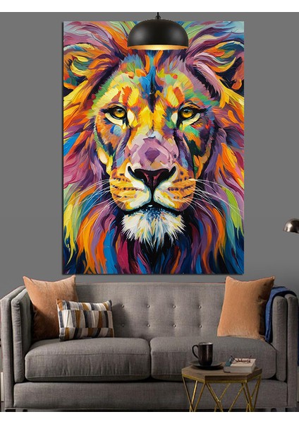 Renkli Yeleli Aslan Portresi Dekoratif Kanvas - Mdf Ahşap Tablo