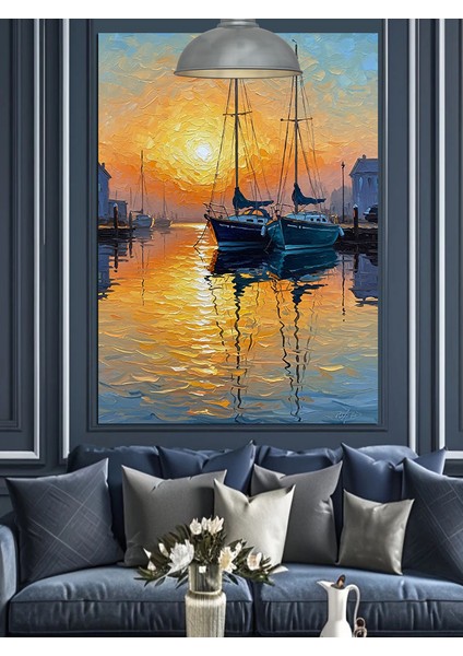 Günbatımı Tekneler Liman Yansıması Dekoratif Kanvas - Mdf Ahşap Tablo