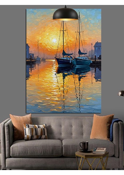 Günbatımı Tekneler Liman Yansıması Dekoratif Kanvas - Mdf Ahşap Tablo fiyatları