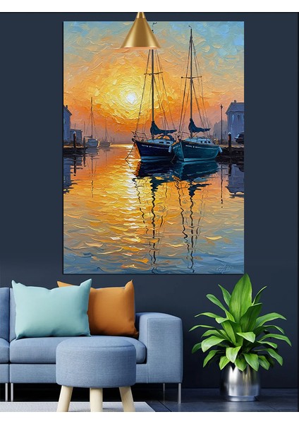Günbatımı Tekneler Liman Yansıması Dekoratif Kanvas - Mdf Ahşap Tablo modelleri