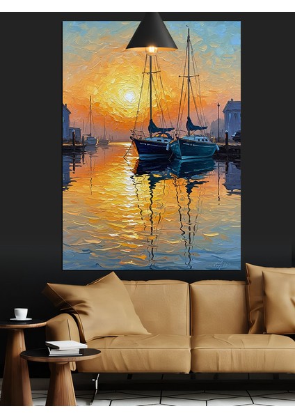Günbatımı Tekneler Liman Yansıması Dekoratif Kanvas - Mdf Ahşap Tablo fırsatları
