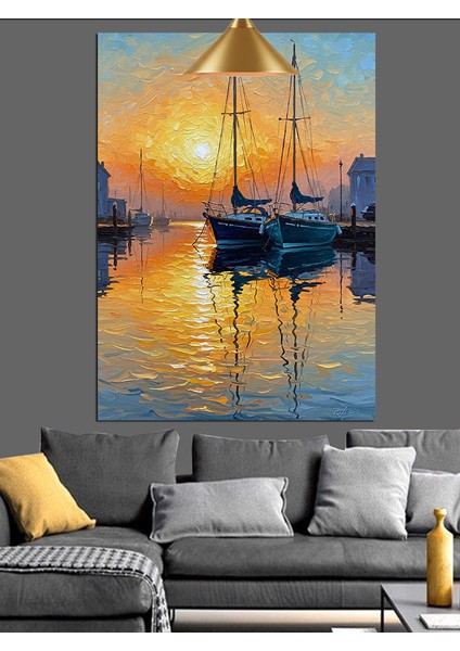 Günbatımı Tekneler Liman Yansıması Dekoratif Kanvas - Mdf Ahşap Tablo indirimleri