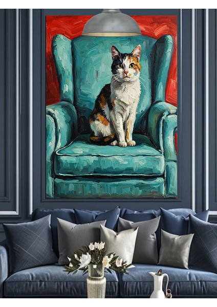 Koltukta Oturan Kedi Portresi Dekoratif Kanvas - Mdf Ahşap Tablo