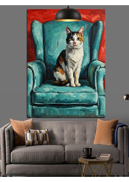 Koltukta Oturan Kedi Portresi Dekoratif Kanvas - Mdf Ahşap Tablo fiyatları
