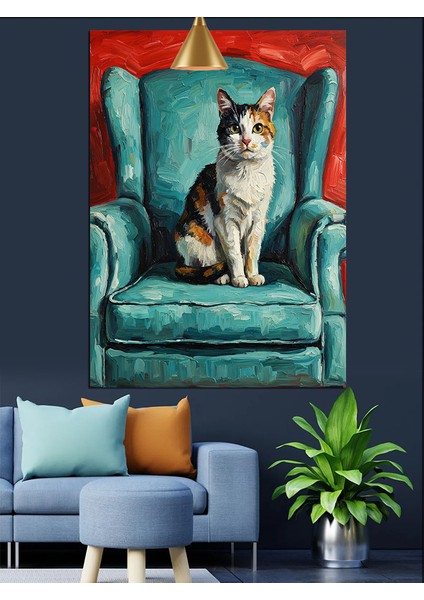 Koltukta Oturan Kedi Portresi Dekoratif Kanvas - Mdf Ahşap Tablo modelleri
