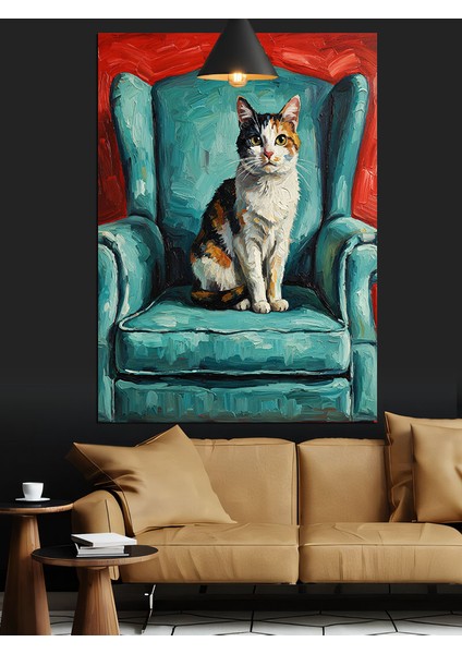 Koltukta Oturan Kedi Portresi Dekoratif Kanvas - Mdf Ahşap Tablo fırsatları