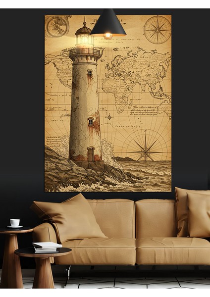 Eski Harita Deniz Feneri Rustik Dekoratif Kanvas - Mdf Ahşap Tablo