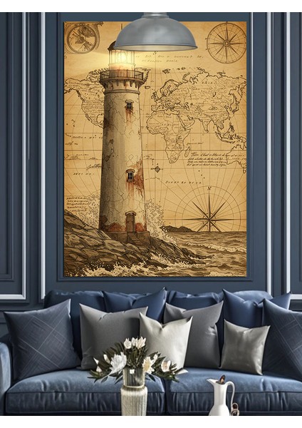 Eski Harita Deniz Feneri Rustik Dekoratif Kanvas - Mdf Ahşap Tablo modelleri