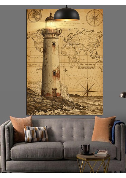 Eski Harita Deniz Feneri Rustik Dekoratif Kanvas - Mdf Ahşap Tablo fırsatları