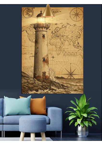 Eski Harita Deniz Feneri Rustik Dekoratif Kanvas - Mdf Ahşap Tablo indirimleri