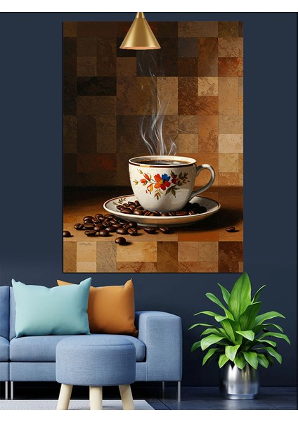 Sıcak Kahve Fincanı ve Kahve Çekirdekleri Dekoratif Kanvas - Mdf Ahşap Tablo indirimleri