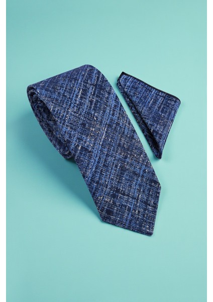 Retro Desen Mavi Kravat & Mendil
