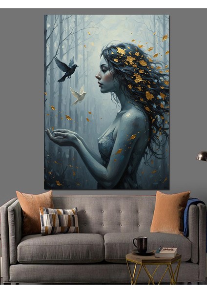 Orman Kadın ve Kuru Yaprak Kuş Dekoratif Kanvas - Mdf Ahşap Tablo
