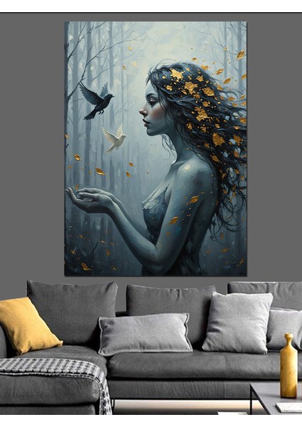 Orman Kadın ve Kuru Yaprak Kuş Dekoratif Kanvas - Mdf Ahşap Tablo fiyatları