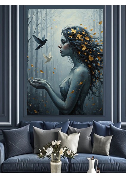 Orman Kadın ve Kuru Yaprak Kuş Dekoratif Kanvas - Mdf Ahşap Tablo modelleri