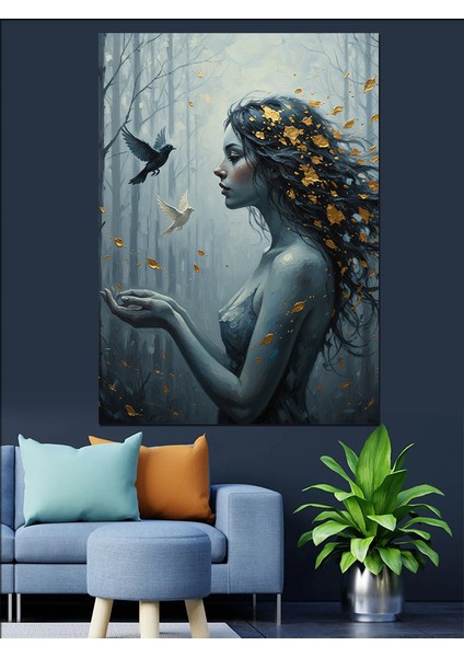 Orman Kadın ve Kuru Yaprak Kuş Dekoratif Kanvas - Mdf Ahşap Tablo fırsatları
