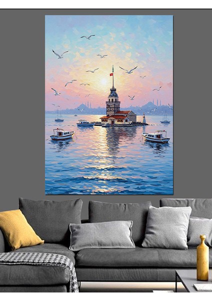 Istanbul Kız Kulesi ve Gemiler Dekoratif Kanvas - Mdf Ahşap Tablo