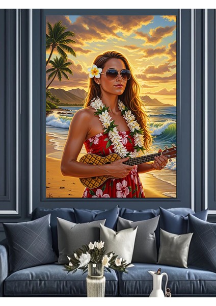 Ukulele Çalan Plaj Kadını Dekoratif Kanvas - Mdf Ahşap Tablo