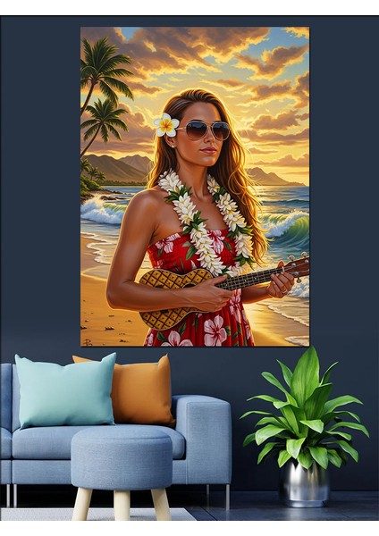 Ukulele Çalan Plaj Kadını Dekoratif Kanvas - Mdf Ahşap Tablo fiyatları