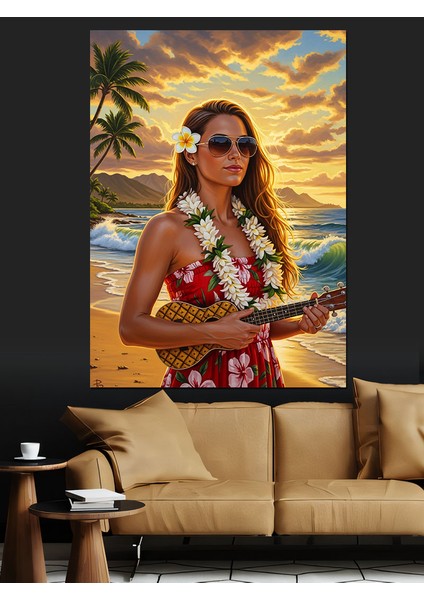 Ukulele Çalan Plaj Kadını Dekoratif Kanvas - Mdf Ahşap Tablo modelleri