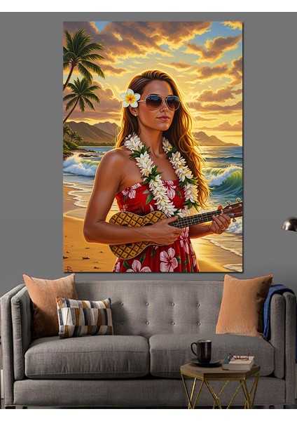 Ukulele Çalan Plaj Kadını Dekoratif Kanvas - Mdf Ahşap Tablo fırsatları