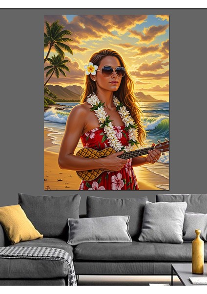 Ukulele Çalan Plaj Kadını Dekoratif Kanvas - Mdf Ahşap Tablo indirimleri