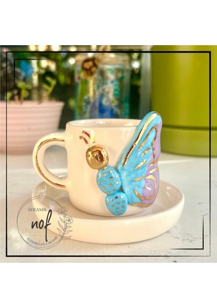 El Yapımı Seramik Gerçek 24K Altın Dekorlu Mavi Yarım Kelebek Türk Kahvesi Fincanı