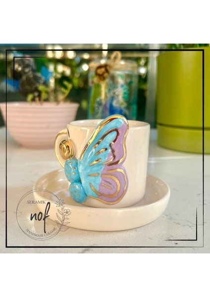 El Yapımı Seramik Gerçek 24K Altın Dekorlu Mavi Yarım Kelebek Türk Kahvesi Fincanı fiyatları