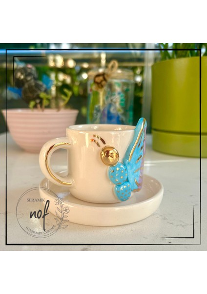 El Yapımı Seramik Gerçek 24K Altın Dekorlu Mavi Yarım Kelebek Türk Kahvesi Fincanı modelleri