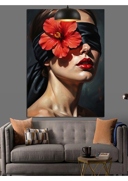 Tek Kırmızı Çiçek Göz Maskesli Kadın Dekoratif Kanvas - Mdf Ahşap Tablo