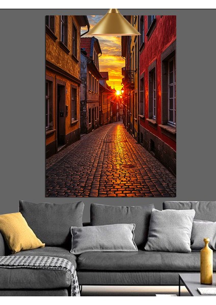 Dar Sokakta Gün Batımı ve Renkli Evler Dekoratif Kanvas - Mdf Ahşap Tablo fiyatları