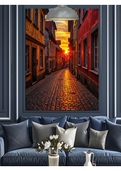 Dar Sokakta Gün Batımı ve Renkli Evler Dekoratif Kanvas - Mdf Ahşap Tablo modelleri