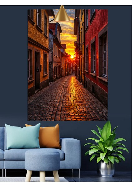 Dar Sokakta Gün Batımı ve Renkli Evler Dekoratif Kanvas - Mdf Ahşap Tablo indirimleri